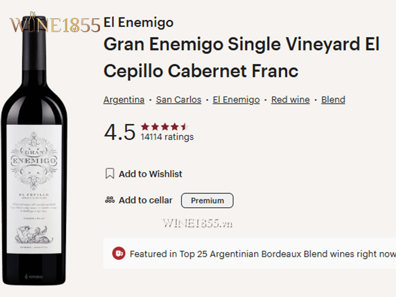 Điểm số và đánh giá Vivino uy tín của rượu vang Gran Enemigo El Cepillo Single Vineyard Cabernet Franc