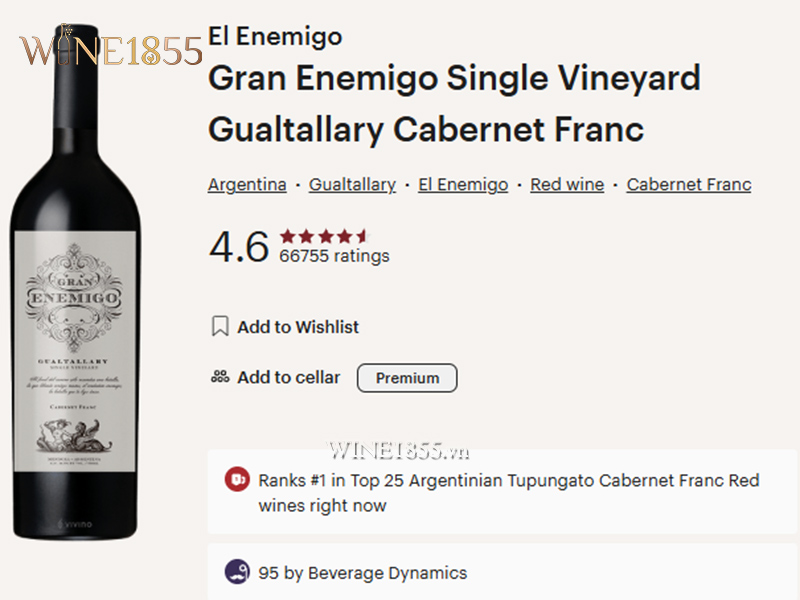 Điểm số và đánh giá Vivino uy tín của rượu vang Gran Enemigo Gualtallary Cabernet Franc.