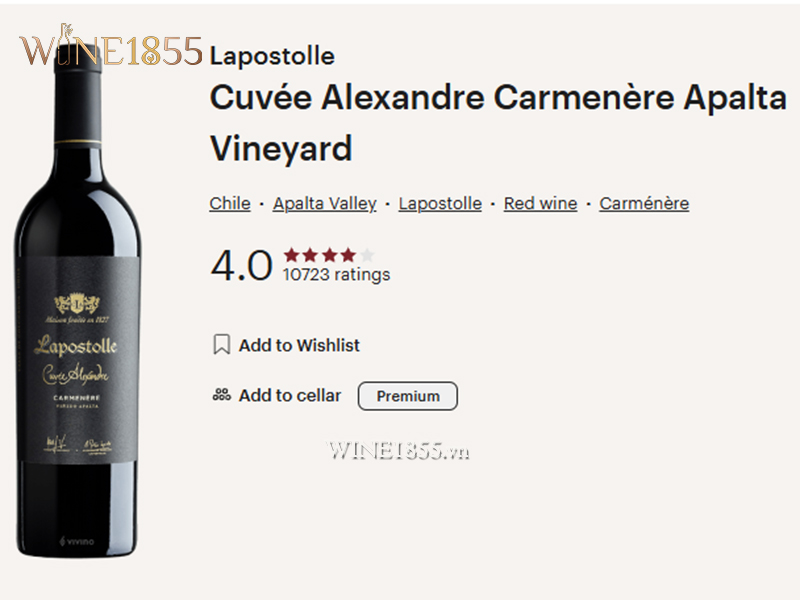 Đánh giá điểm số Vivino và thông tin dòng vang Lapostolle Cuvée Alexandre Carmenère