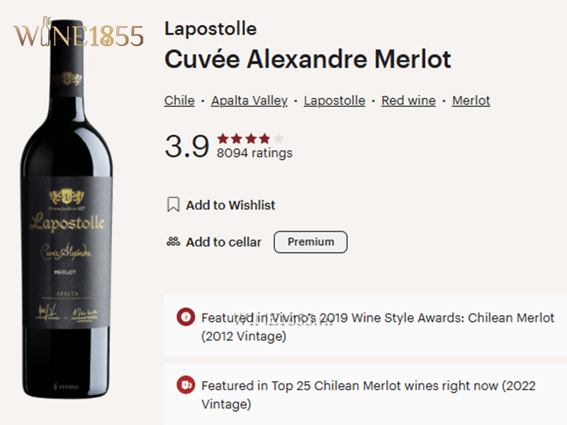 Ảnh đánh giá và điểm số Vivino của chai Lapostolle Cuvee Alexandre Merlot