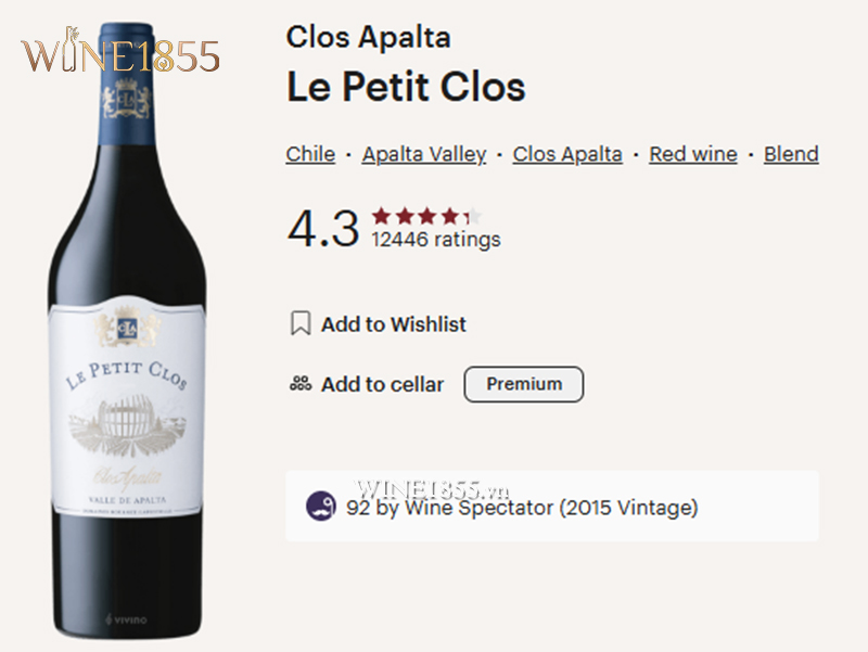 Đánh giá rượu vang Le Petit Clos Clos Apalta trên Vivino