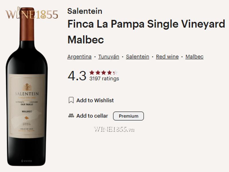 Ảnh chụp thông tin sản phẩm và điểm đánh giá trên Vivino của chai Salentein Finca La Pampa Malbec