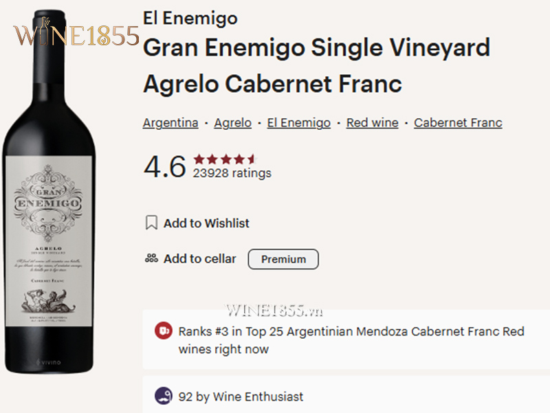Điểm số đánh giá Vivino & Wine Enthusiast của vang Gran Enemigo Agrelo Single Vineyard Cabernet Franc