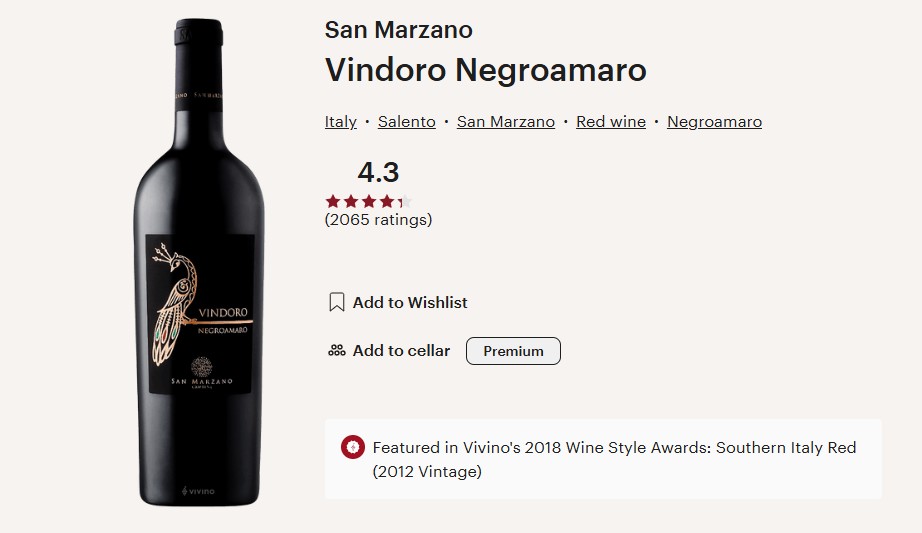 Điểm đánh giá chai vang tại Vivino