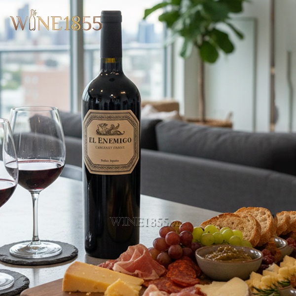 Chai El Enemigo Cabernet Franc kèm bàn đồ ăn nguội phô mai