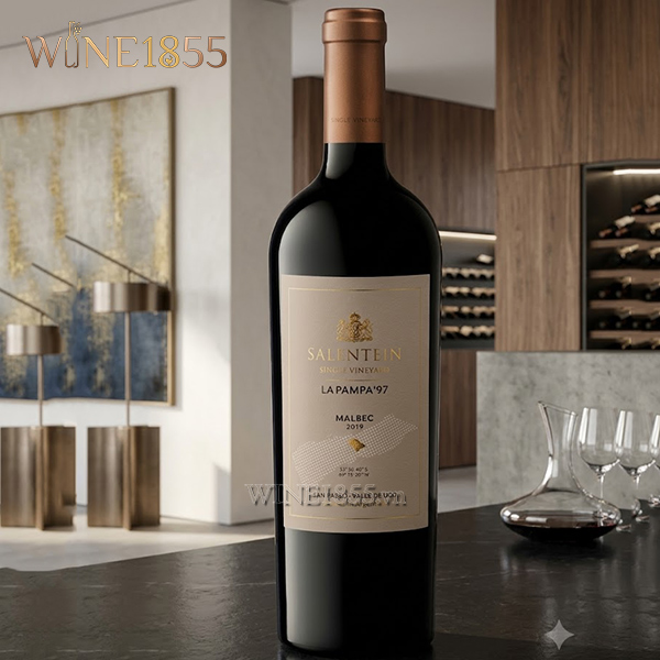 Chai rượu Salentein Finca La Pampa Malbec trong không gian nội thất sang trọng