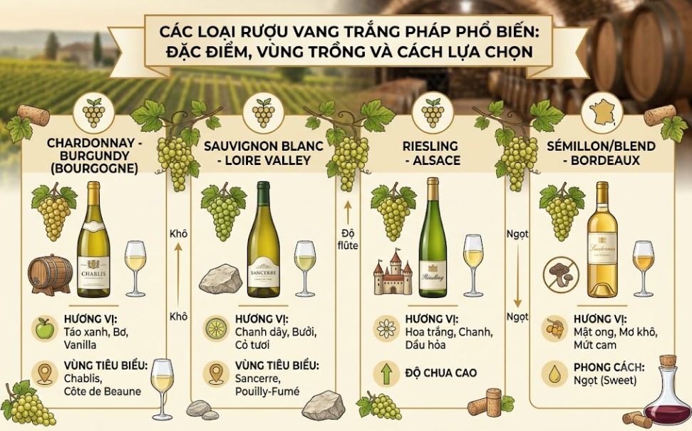 các loại rượu vang trắng pháp phổ biến