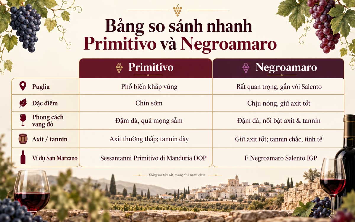 Bảng so sánh nhanh Primitivo và Negroamaro
