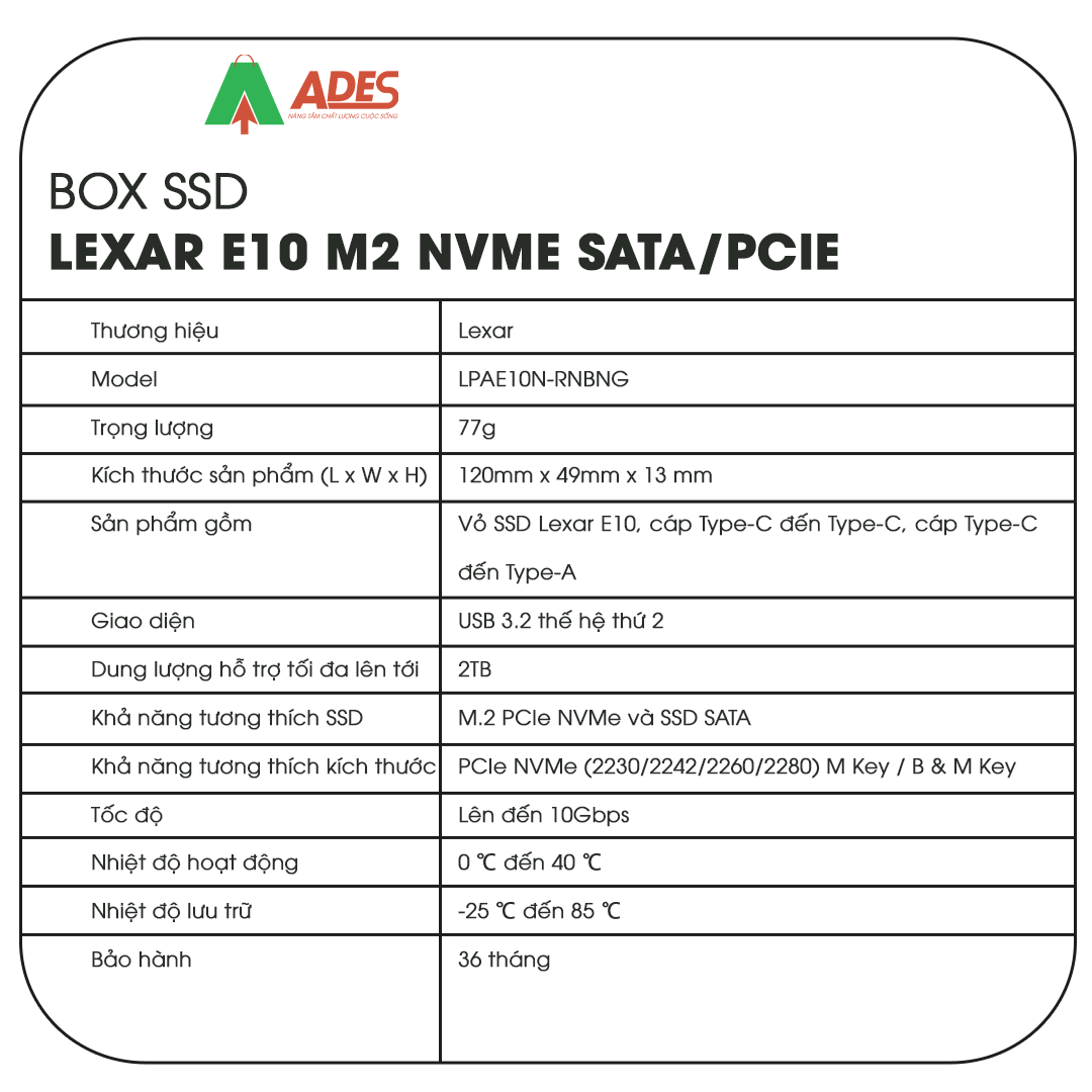 Box SSD Lexar E10 M2 NVMe SATA/PCIe
