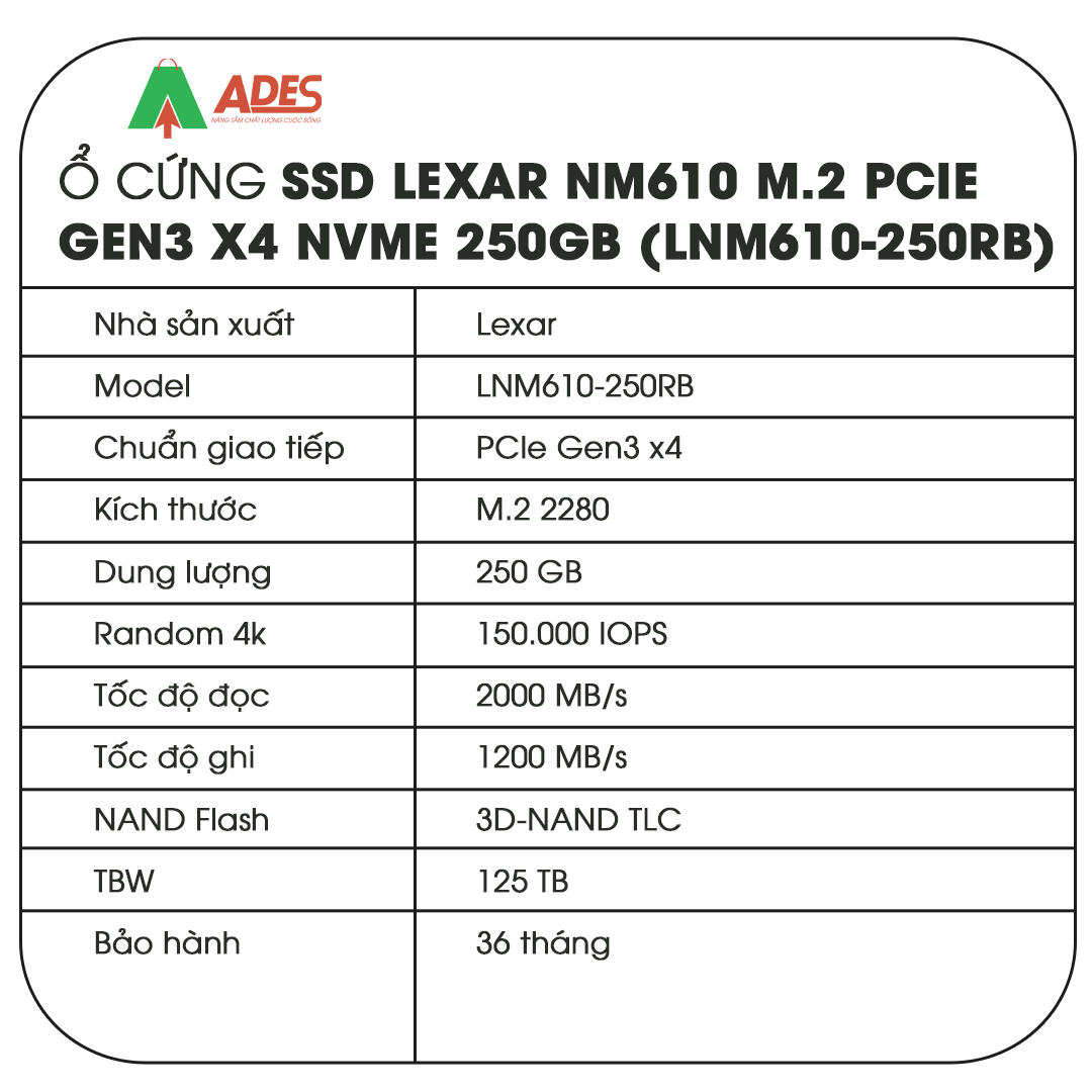 SSD Lexar NM610 M.2 PCIe Gen3 x4 NVMe 250GB (LNM610-250RB)