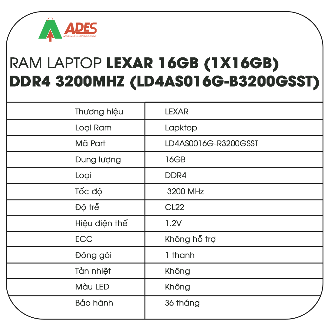 Ram Laptop Lexar 16GB (1x16GB) DDR4 3200Mhz (LD4AS016G-B3200GSST)