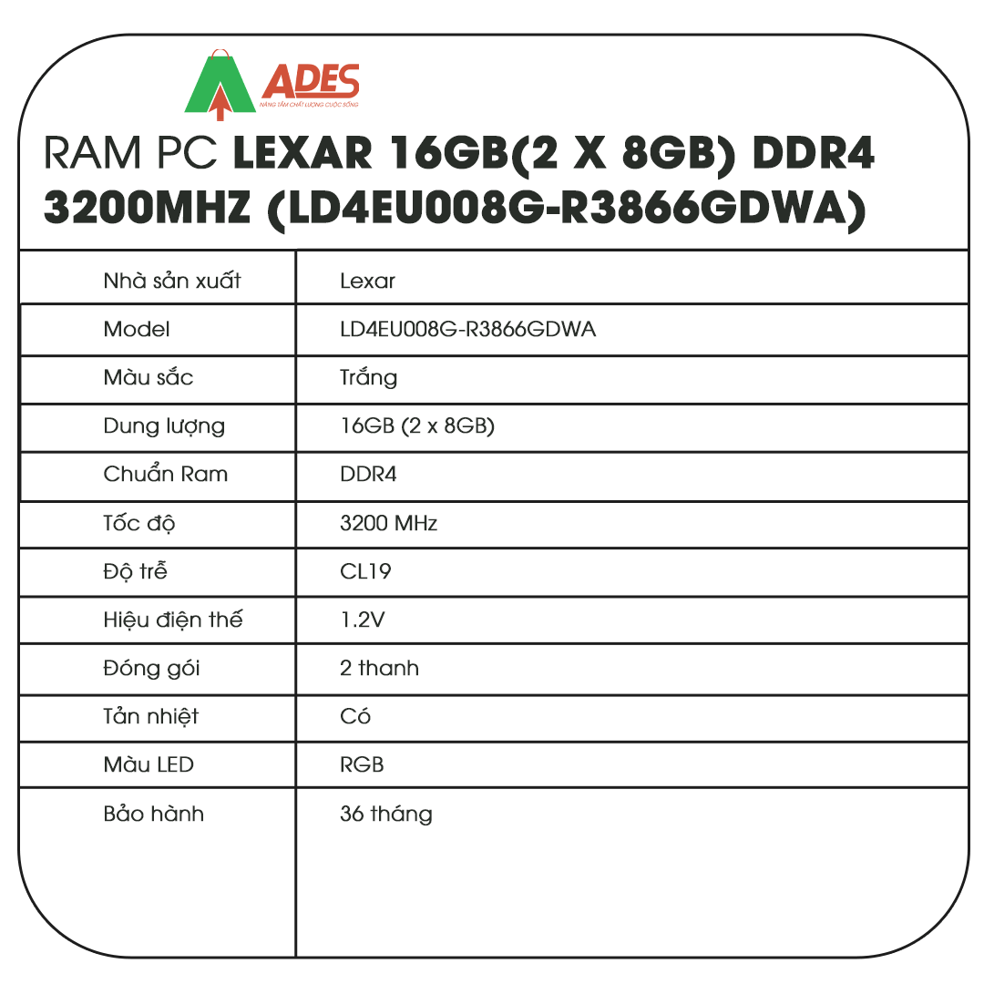 Ram PC Lexar 16GB(2 x 8GB) DDR4 3200MHz (LD4EU008G-R3866GDWA)