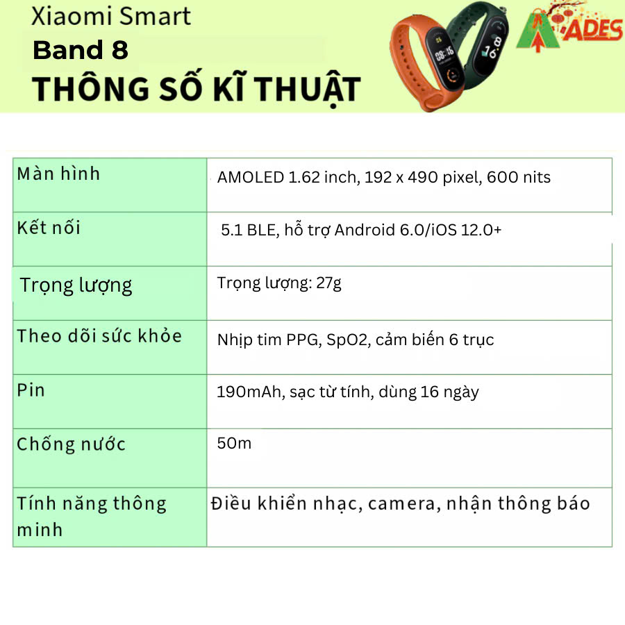 Xiaomi Smart Band 8 Vàng đồng: BHR7166GL thong so ki thuat