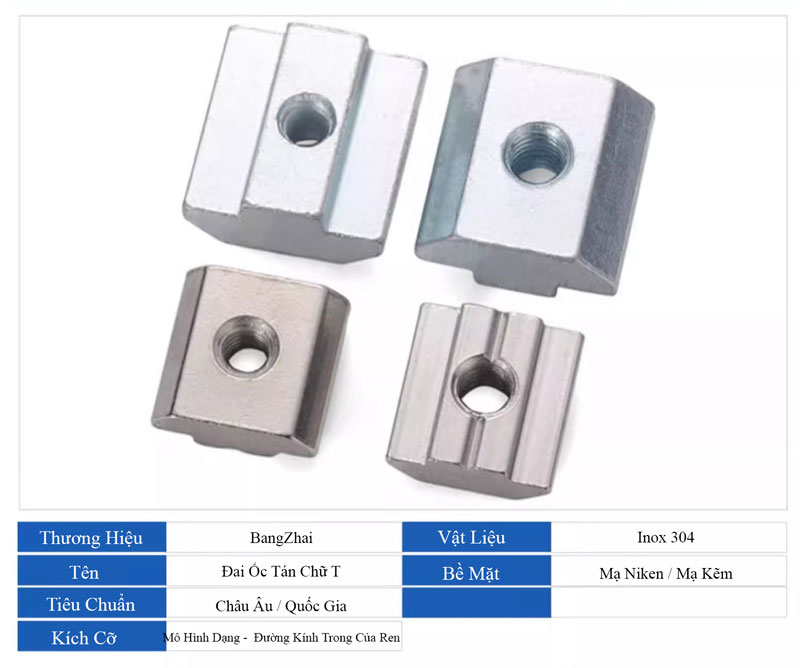 Đai Ốc Tán Chữ T Inox 304 Kiểu Trượt Cho Nhôm Định Hình