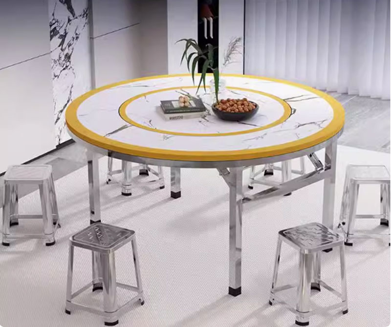 Bàn ăn tròn inox mặt bàn xoay 360 độ chân gập