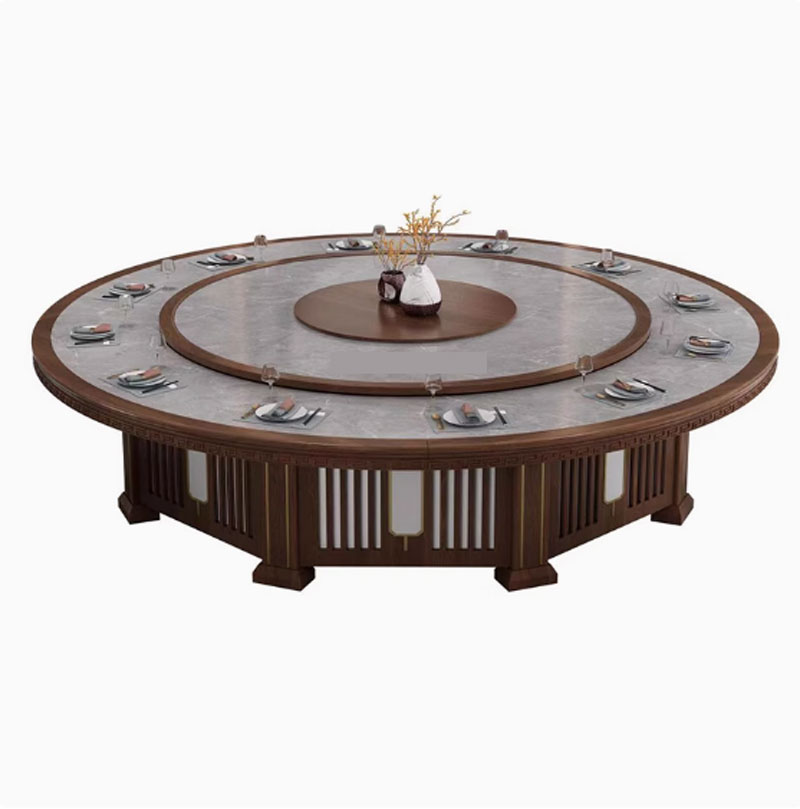 Bộ bàn ăn khách sạn với mâm xoay điện tự động cao cấp mặt đá kết hợp gỗ mẫu BA01
