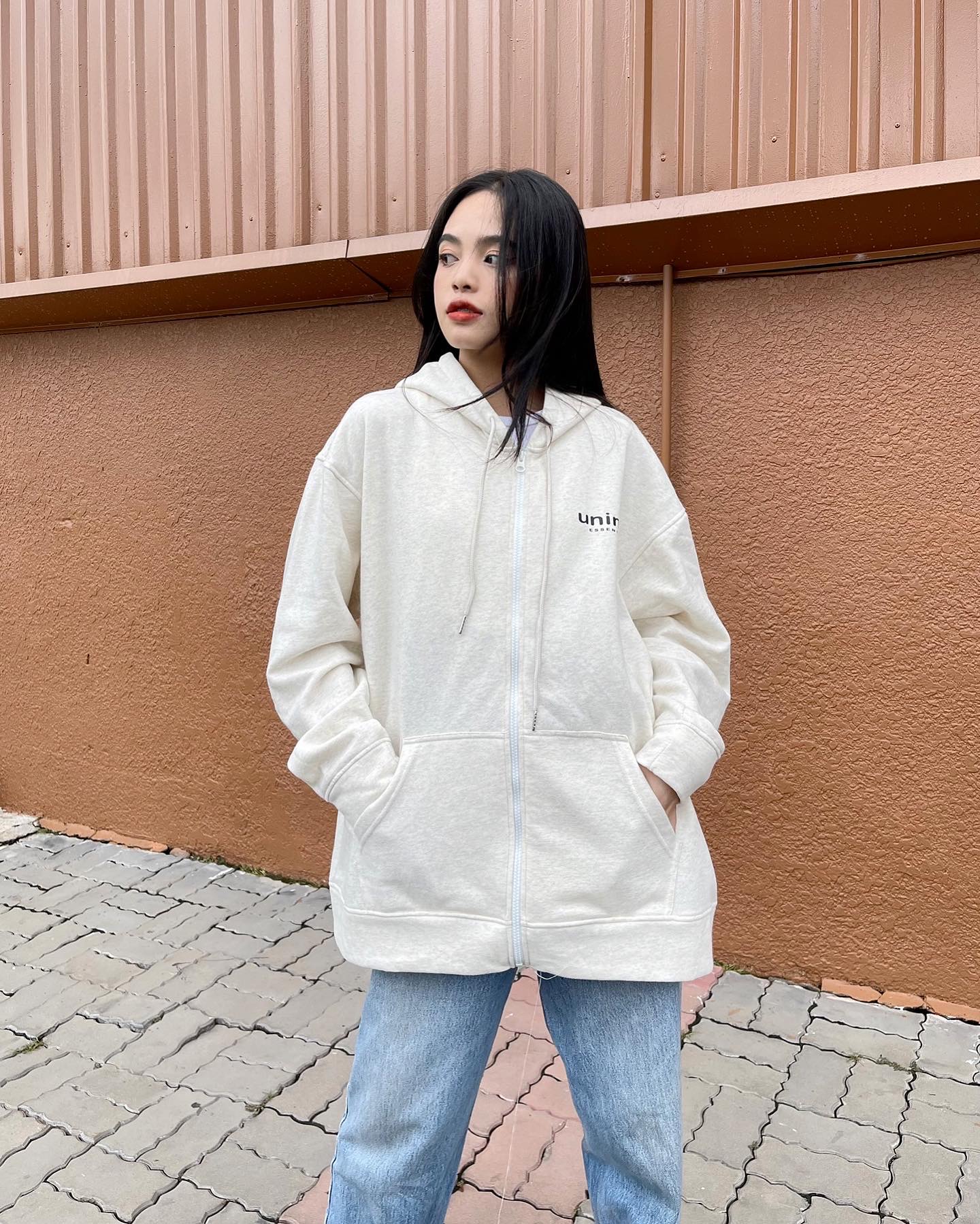 Áo khoác dây kéo hoodie zip Unime Basic Essential - Xám Kem