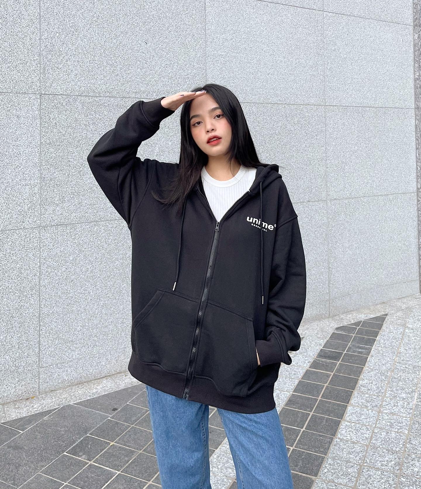 ÁO KHOÁC NAM/NỮ HOODIE ZIP UNIME BASIC ESSENTIAL - ĐEN