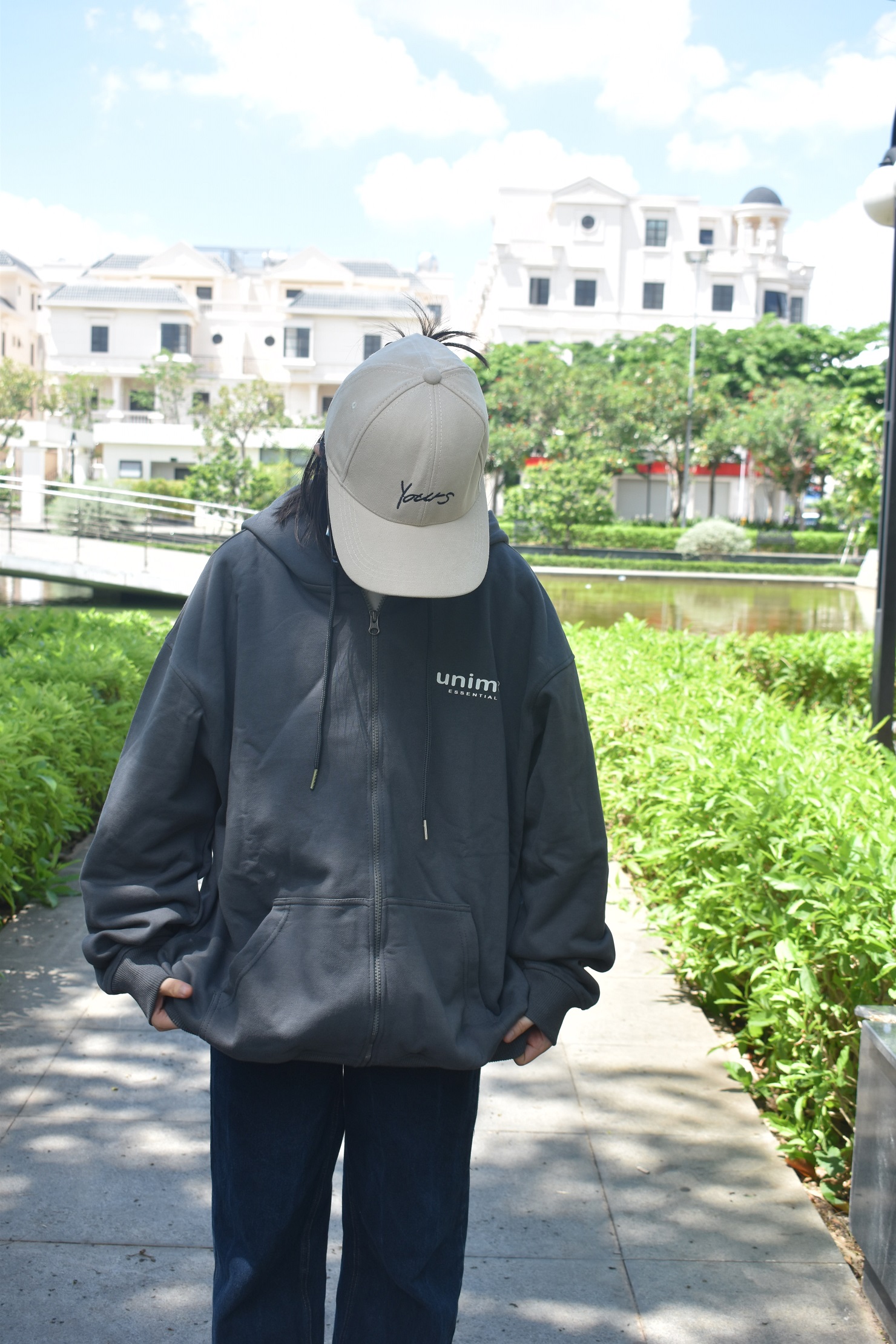 Áo khoác hoodie zip nam/nữ vải chân cua Unime Basic Essential - Xám chì