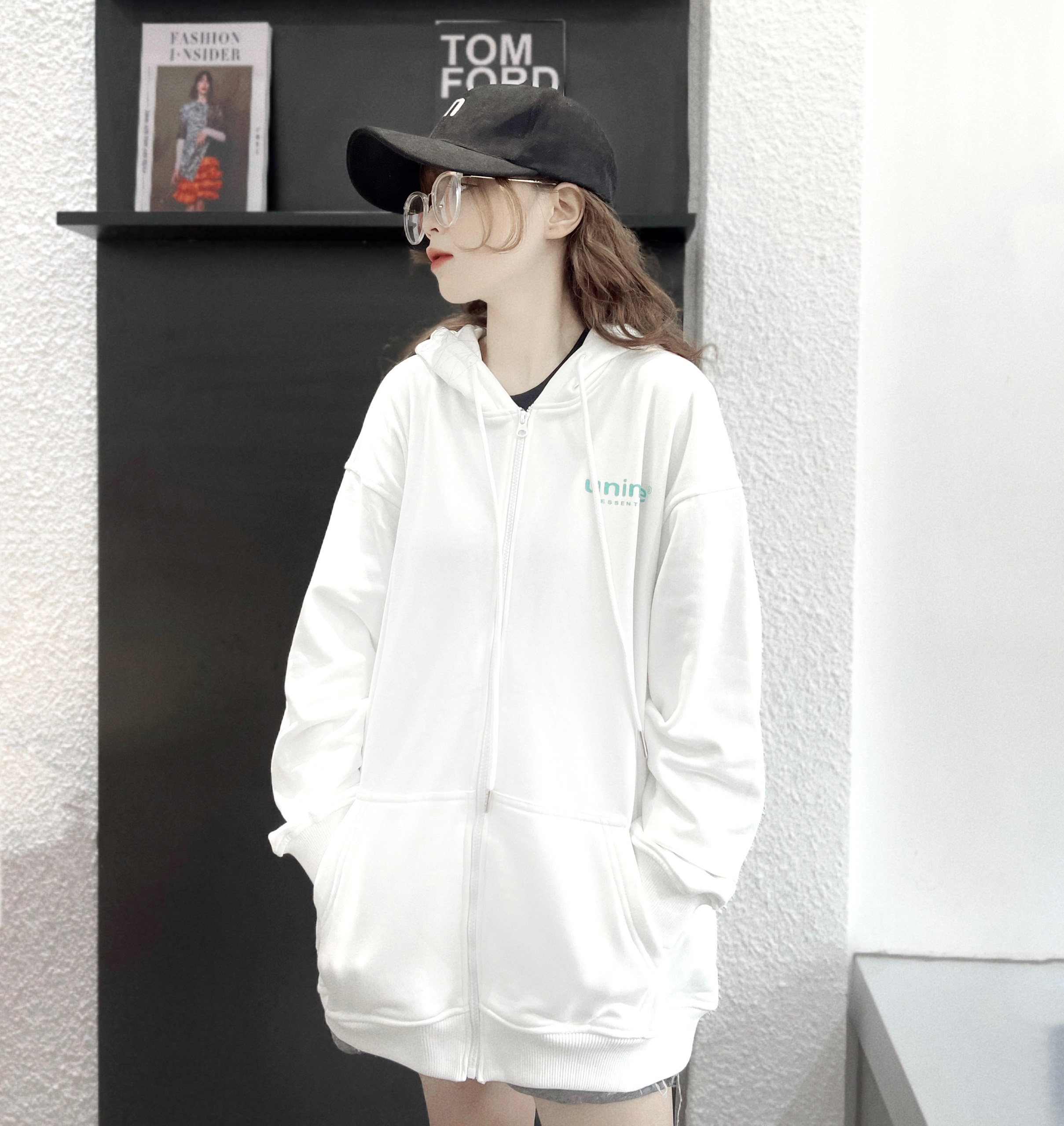 Unime - Áo khoác nam/nữ hoodie zip Basic Essential chất liệu chân cua cotton thoáng mát - Trắng