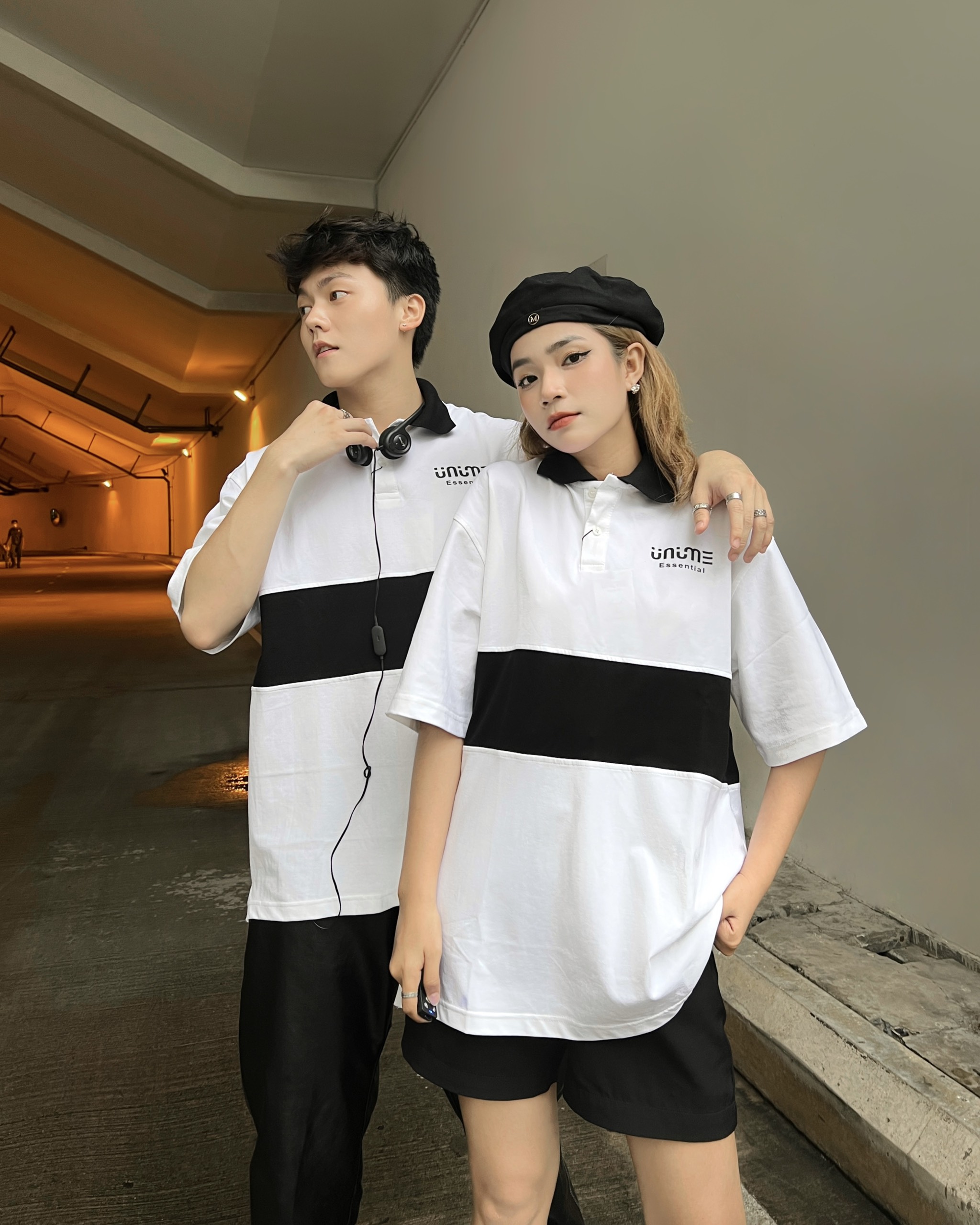 Áo polo trắng phối thân đen nam/nữ