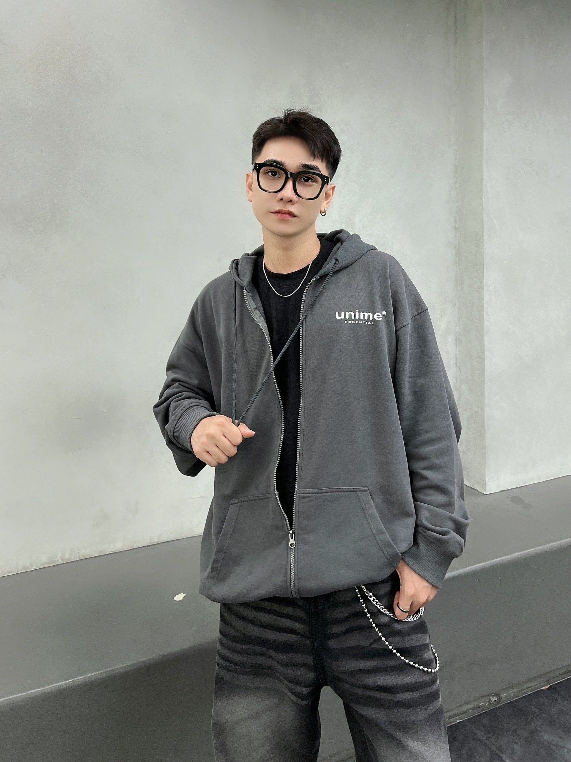 Áo khoác hoodie zip nam/nữ vải chân cua Unime Basic Essential - Xám chì