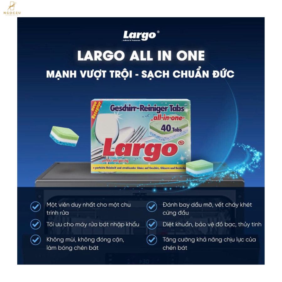 Viên rửa chén bát không mùi 40 viên - Largo All In One
