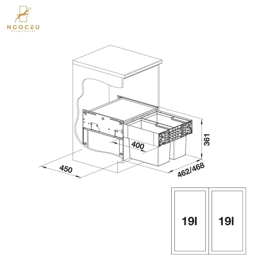 Thùng rác âm tủ 38 lít Blanco Select II 50/2 526201 - Dành cho hệ tủ 50cm
