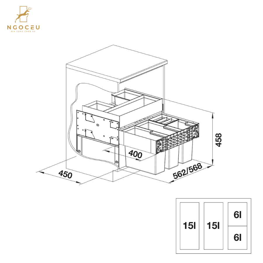Thùng rác âm tủ 42 lít Blanco Select II 60/4 Orga 526211 - Dành cho hệ tủ 60cm