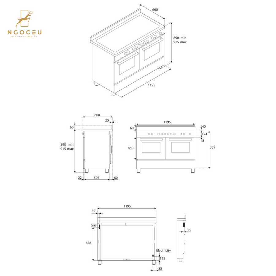 Bếp từ hỗn hợp kèm lò nướng Bertazzoni Professional PRO125I2EXT 120 cm