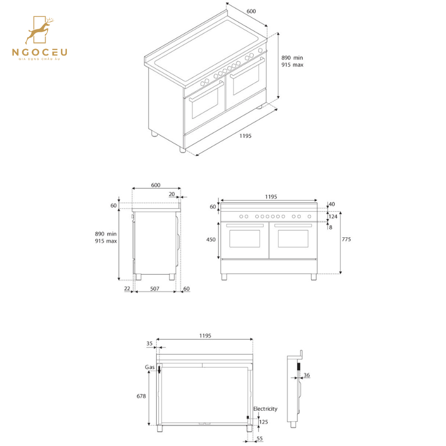 Bếp gas hỗn hợp kèm lò nướng Bertazzoni PRO126G2EGIT 120 cm