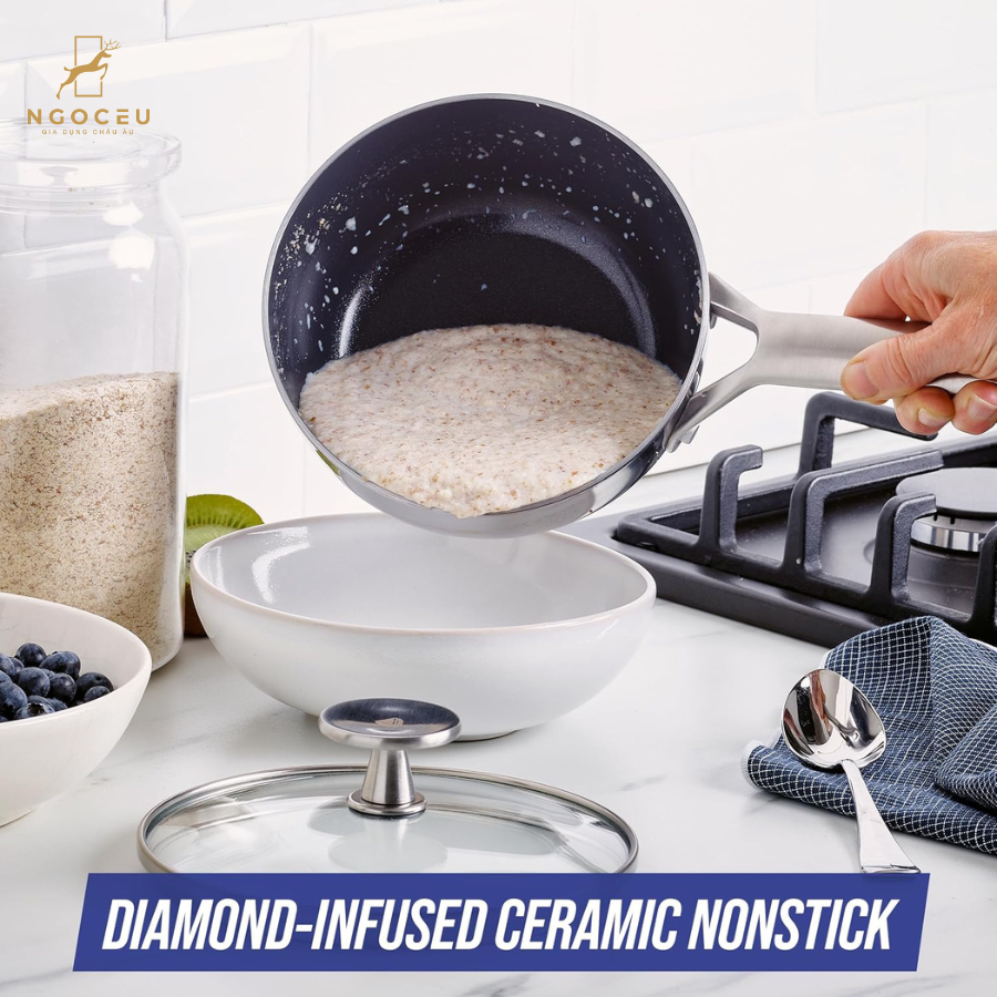 Quánh chống dính phủ tinh thể kim cương cao cấp Blue Diamond CC004819 có nắp kính - 16cm