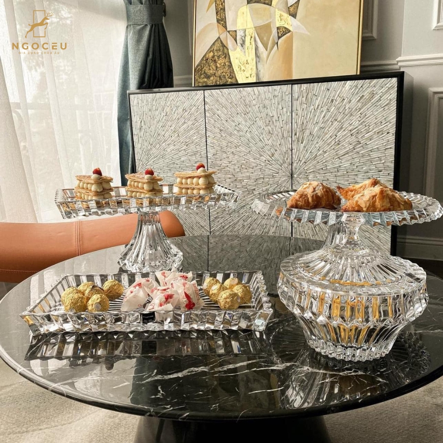 Chân bồng pha lê chữ nhật Rogaska Crown Jewel Platter - 35 x 19 cm