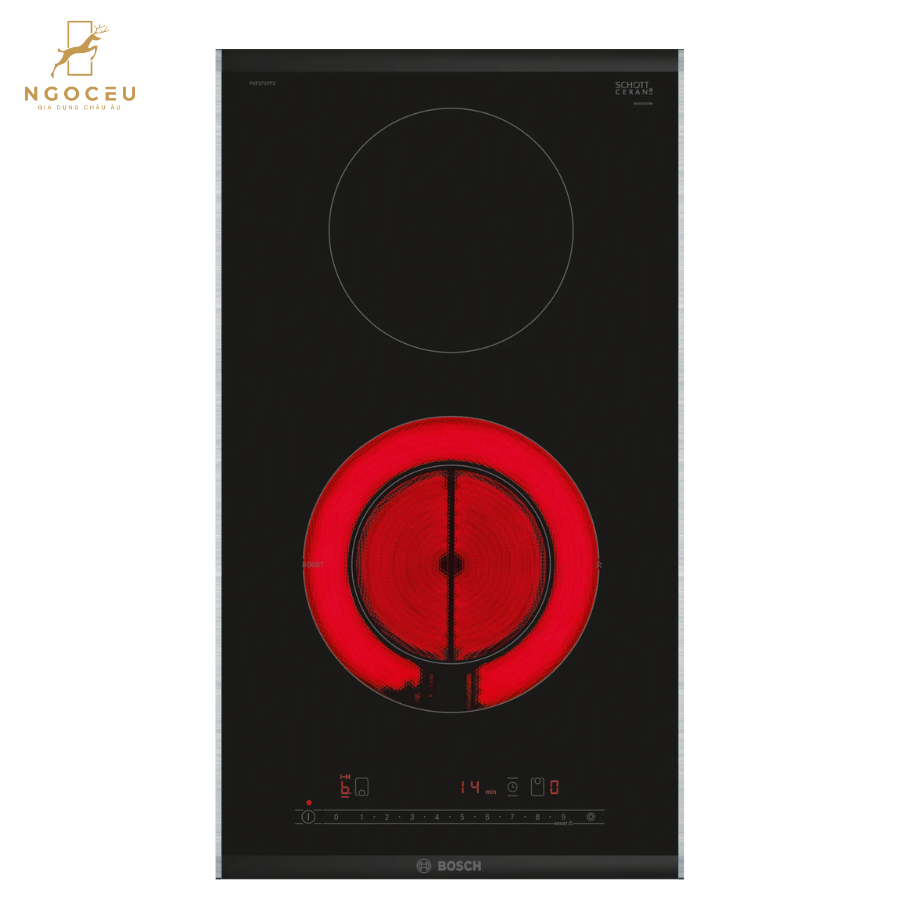 Bếp từ 2 vùng nấu 1 vùng từ 1 vùng hồng ngoại Domino Bosch PKF375FP2E - Series 6