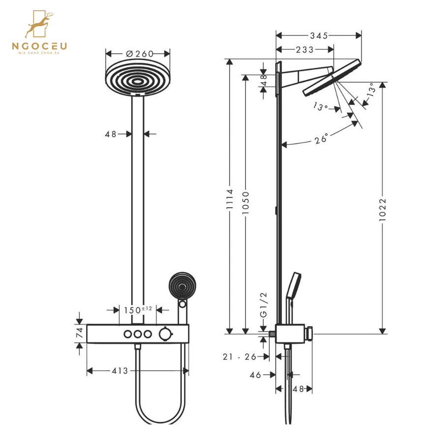 Bộ sen cây bát tròn 2 vòi Hansgroe Pulsify S Showerpipe 260 2jet 24240140 - Màu Inox