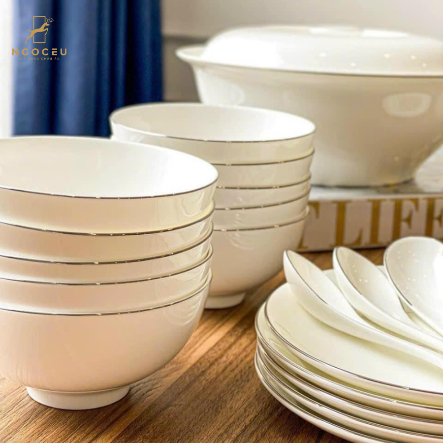 Bộ bát sứ 50 món gồm set thìa Imperial - Trắng viền bạc