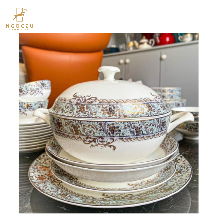 Bộ bát sứ 50 món gồm set thìa Imperial - Xanh ngọc dây vàng