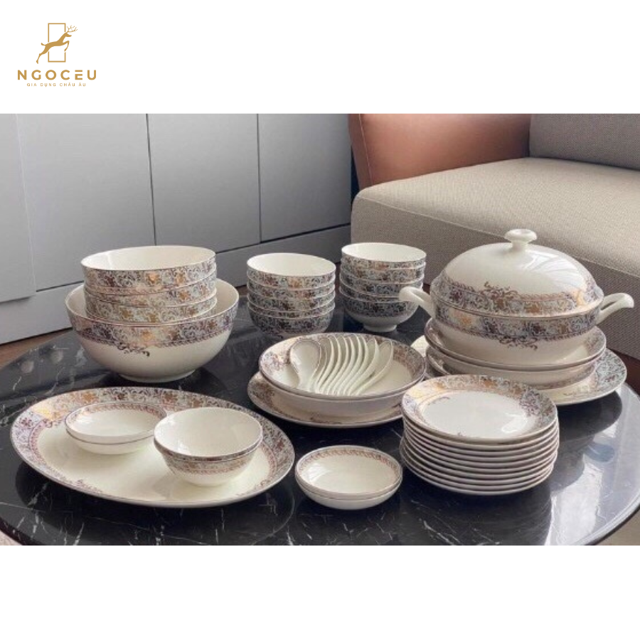 Bộ bát sứ 50 món gồm set thìa Imperial - Xanh ngọc dây vàng