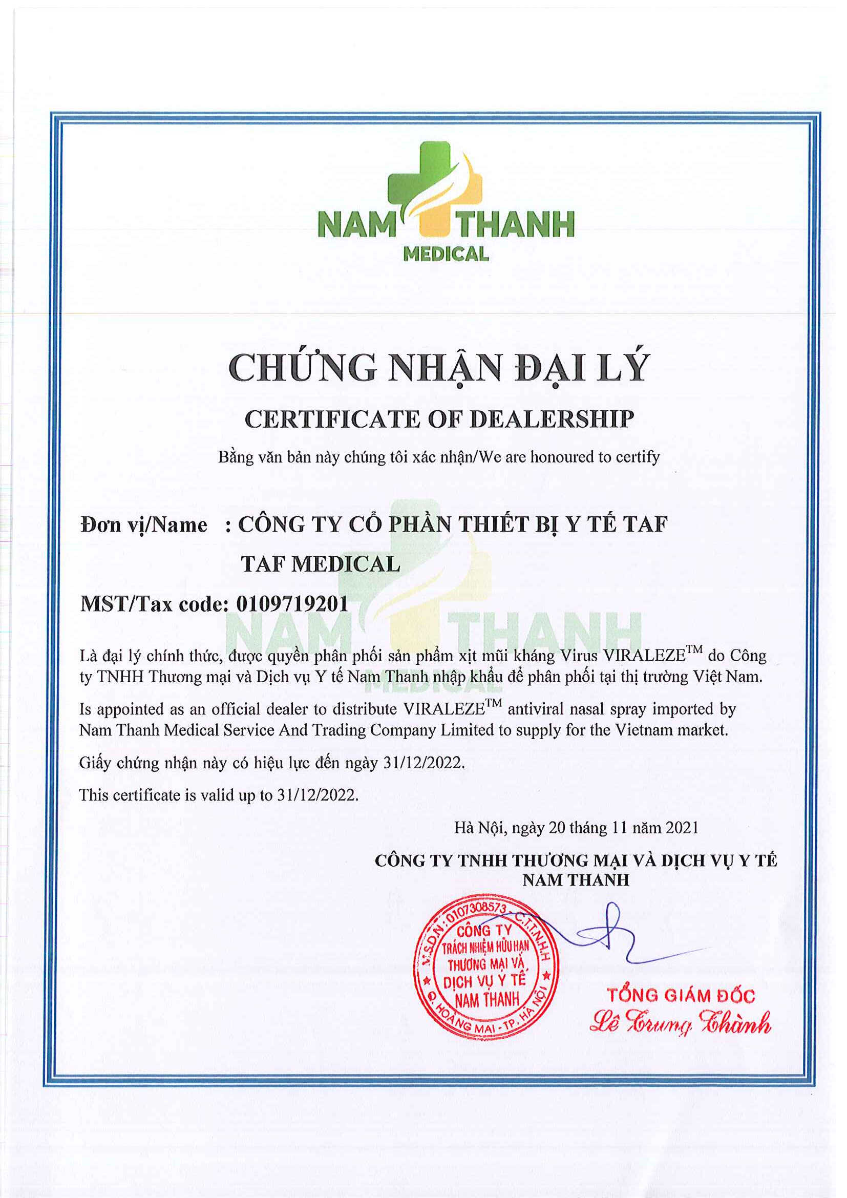 Chứng nhận đại lý của Nam Thanh Medical