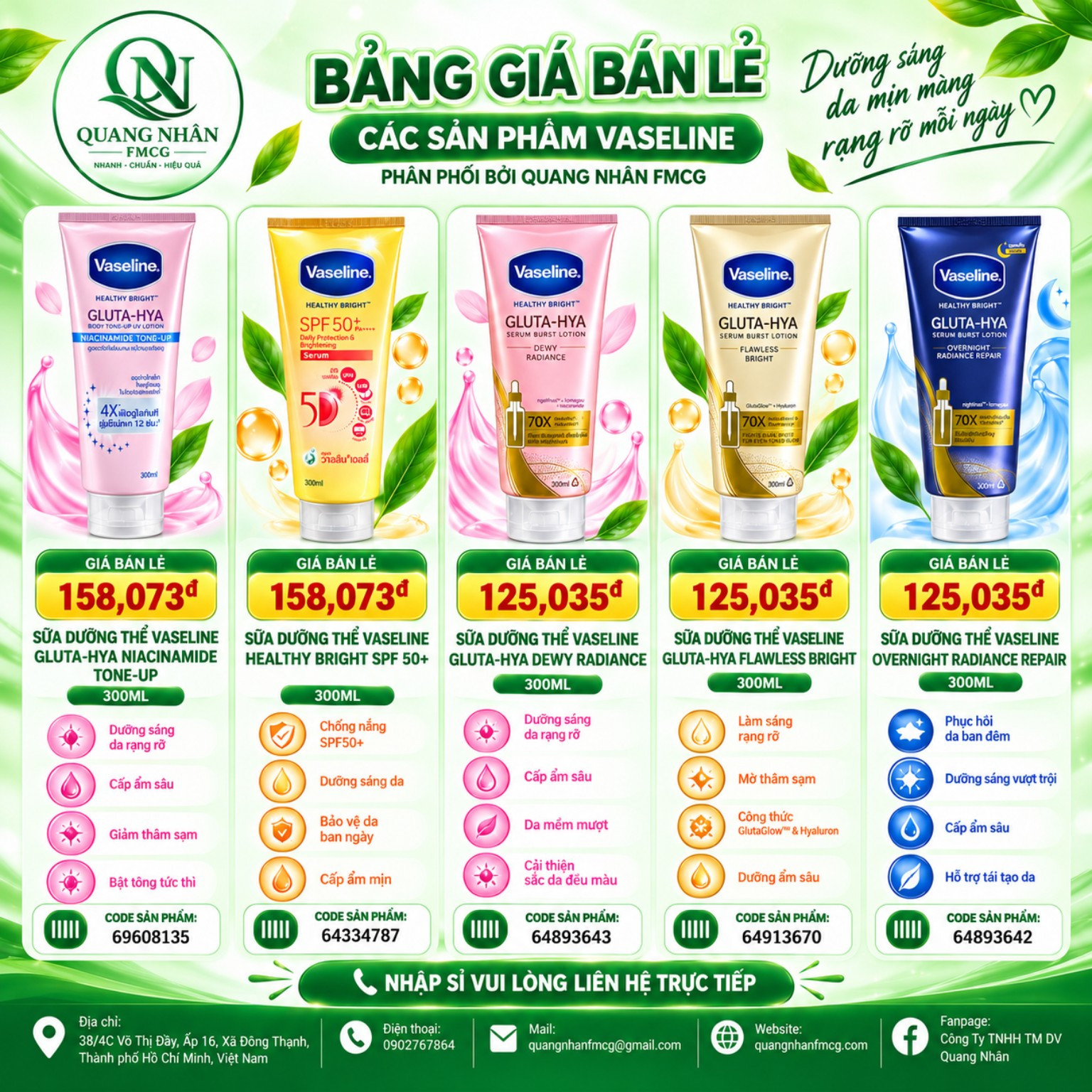Bảng giá sữa dưỡng thể Vaseline tại Quang Nhân FMCG