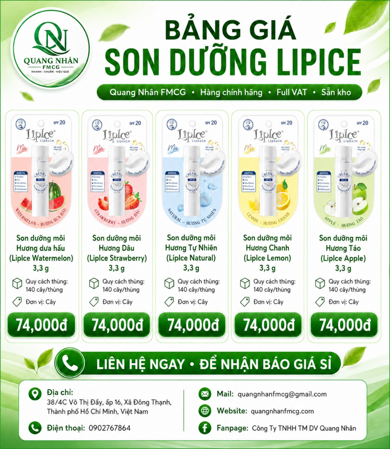 Bảng giá son dưỡng Lipice SPF20 tại Quang Nhân FMCG