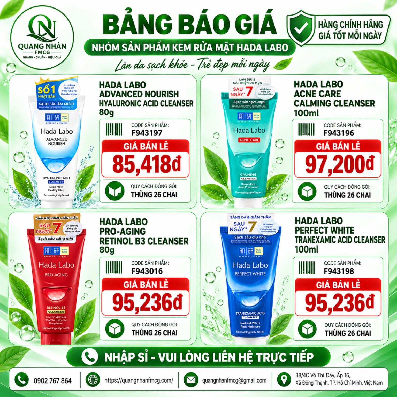Bảng giá kem rửa mặt Hada Labo tại Quang Nhân FMCG