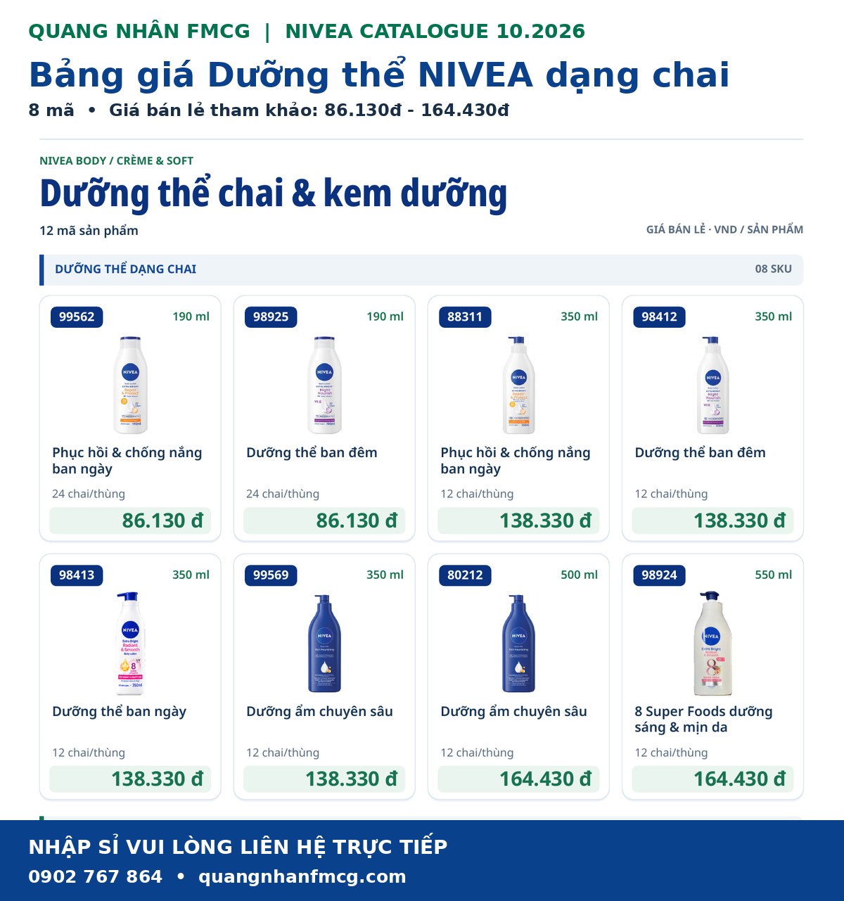 Cập nhật bảng giá sữa dưỡng thể nivea 190ml / 350ml / 550ml