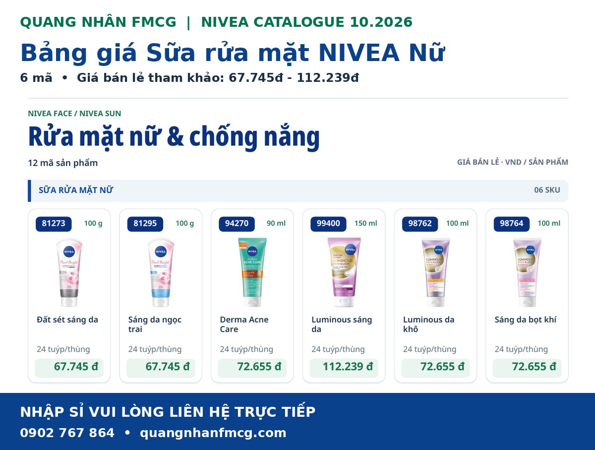 Cập nhật bảng giá sữa rửa mặt nữ Nivea