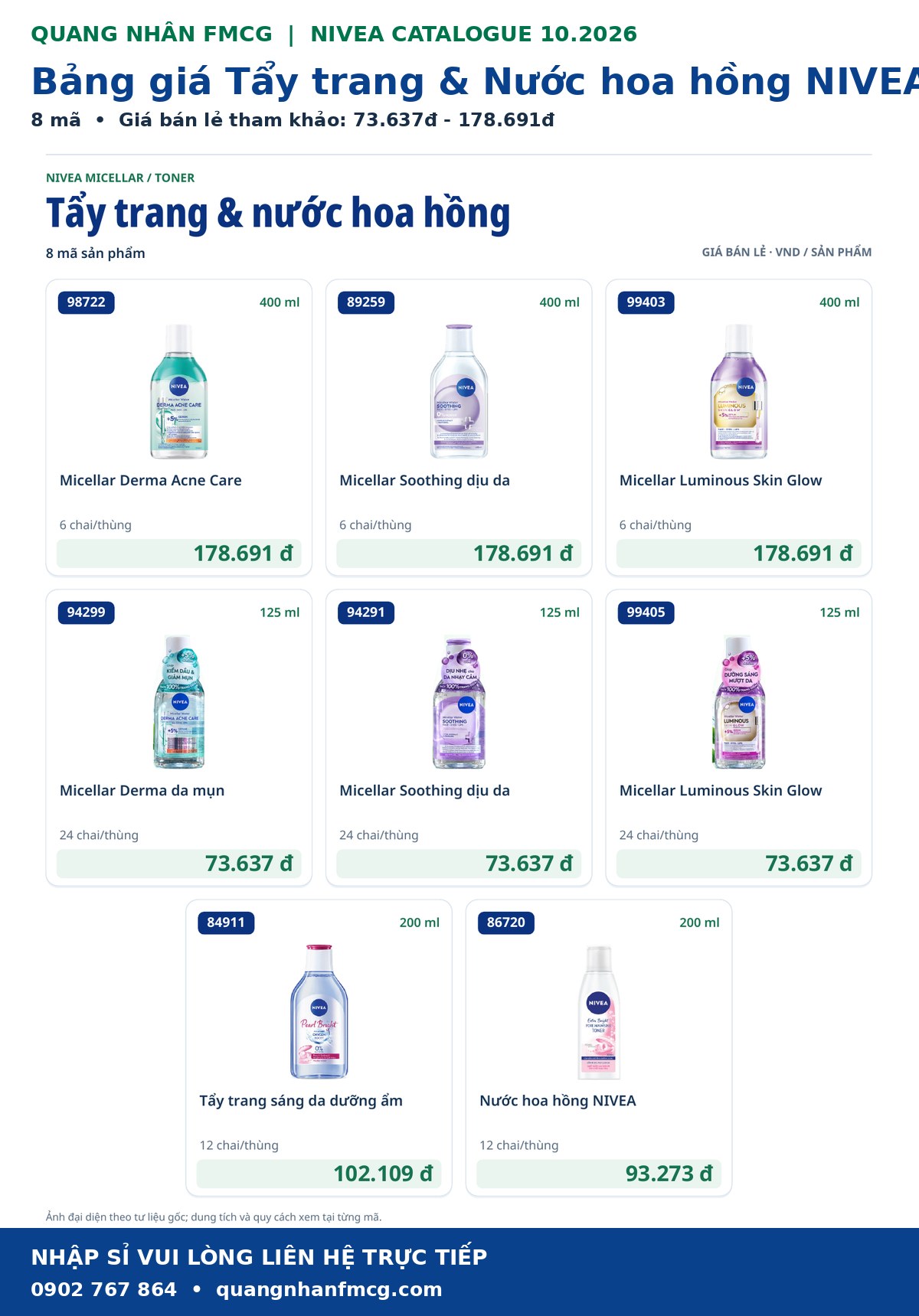 Cập nhật bảng giá tonner và nước hoa hồng nivea