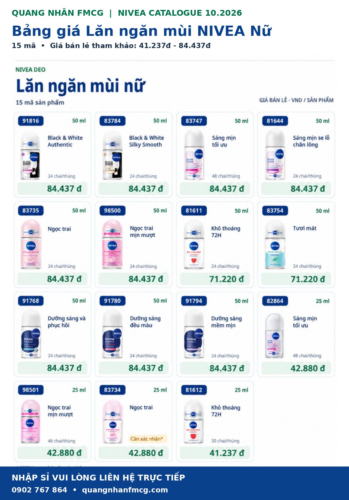 Cập nhật bảng giá lăn nữ nivea