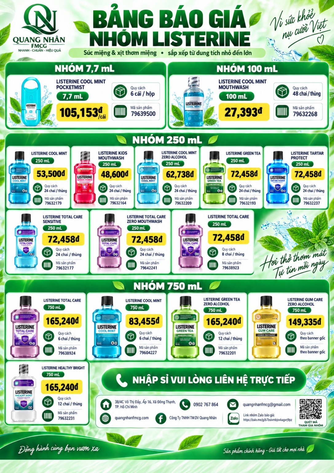 Bảng báo giá Listerine mới nhất – Nước súc miệng & xịt thơm miệng | Quang Nhân FMCG