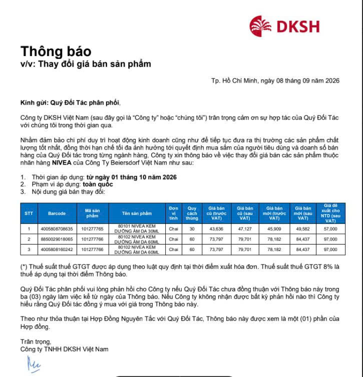 THÔNG BÁO ĐIỀU CHỈNH GIÁ SẢN PHẨM NIVEA 1.10.2026