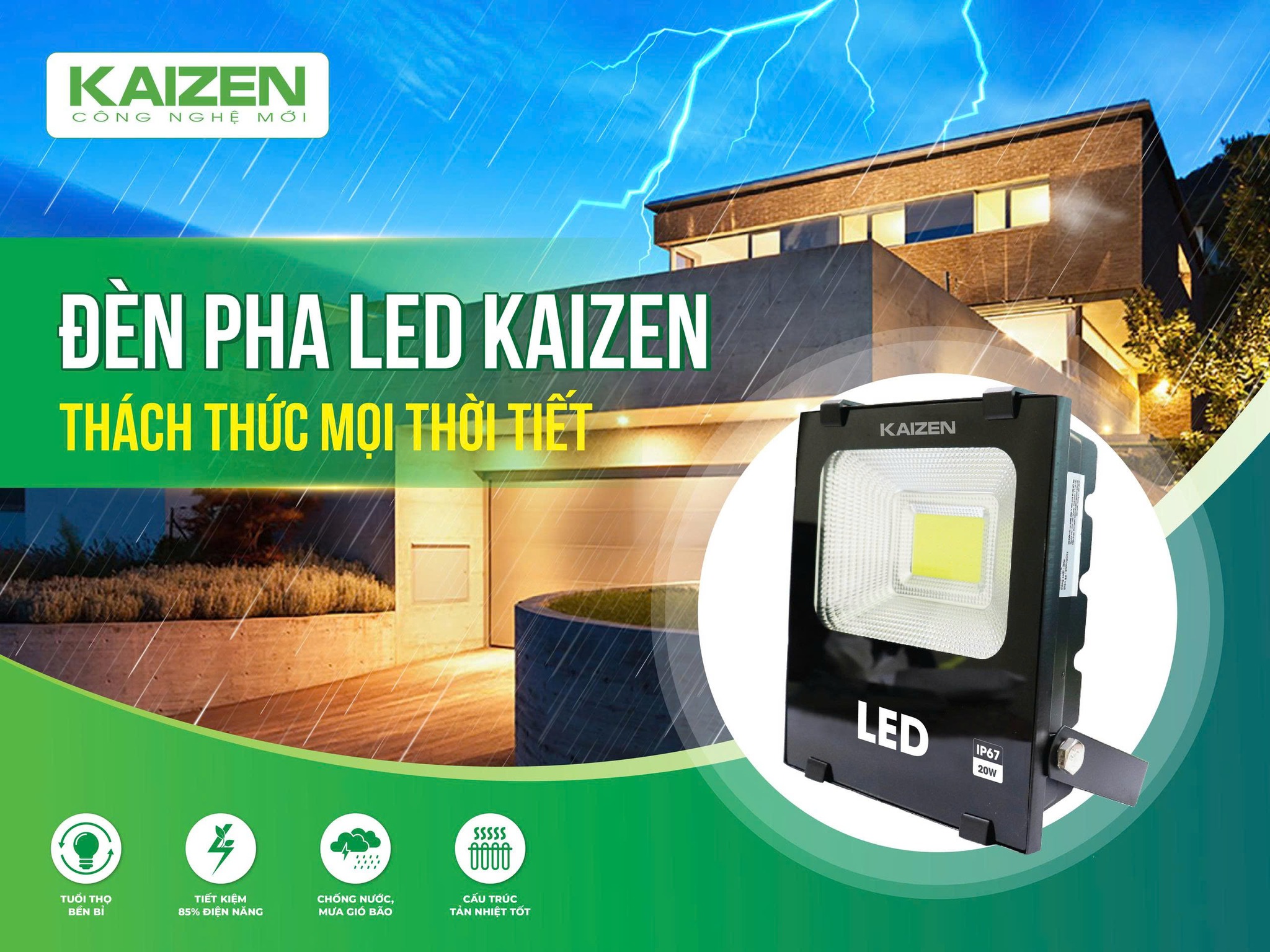 Đèn Pha LED KAIZEN - Giải Pháp Chiếu Sáng Ngoài Trời Vượt Trội Mọi Thời Tiết