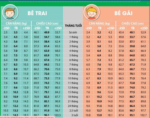 BẢNG CHIỀU CAO CÂN NẶNG CỦA TRẺ TỪ 0 ĐẾN 10 TUỔI CHUẨN WHO